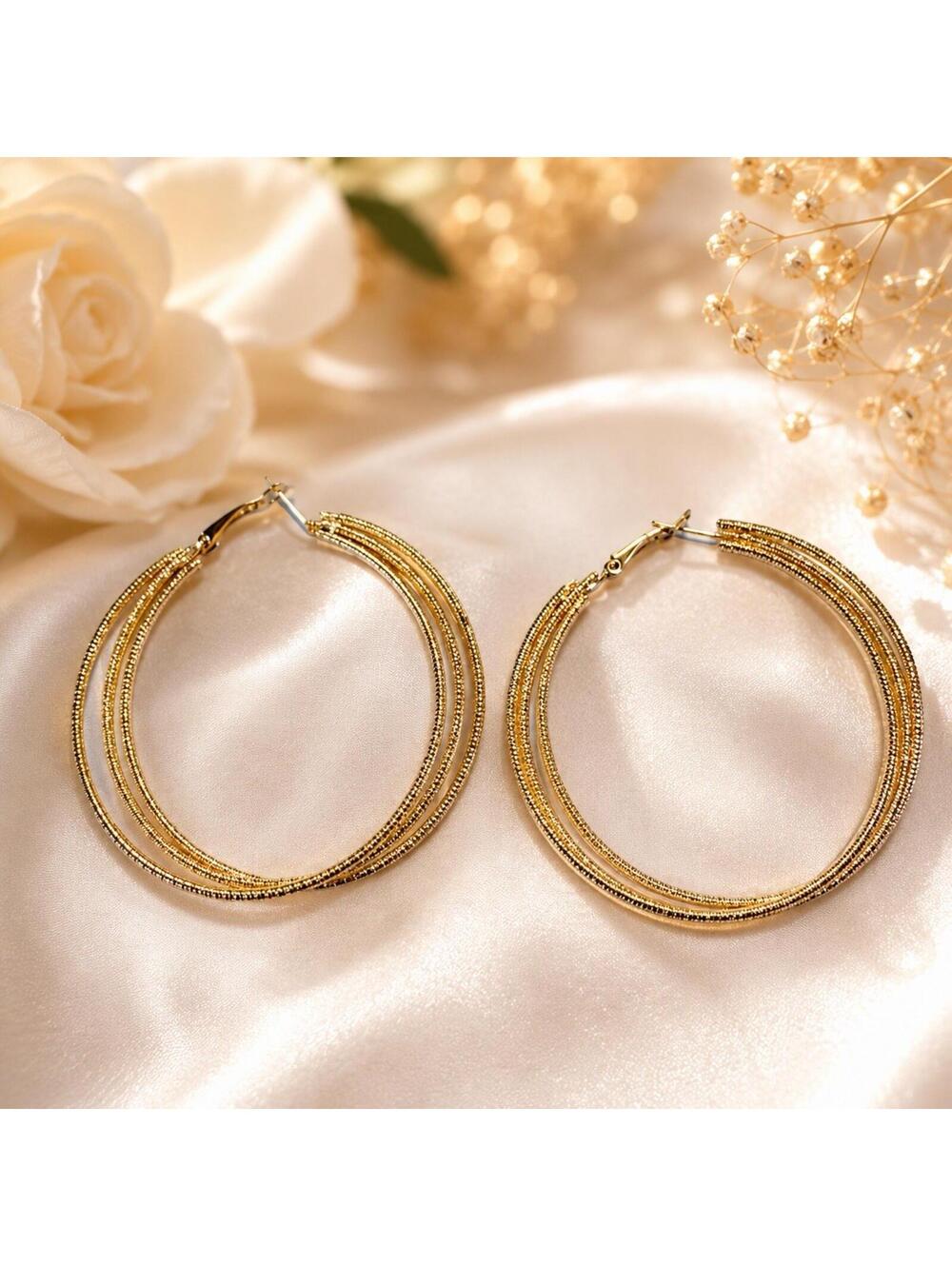 Gold Tone Triple Layer Hoop Earrings Large Textured Statement Fashion Hoops